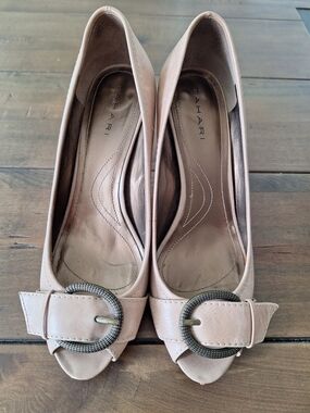 Tahari Blush Peep-Toe Heels with Decorative Buckle